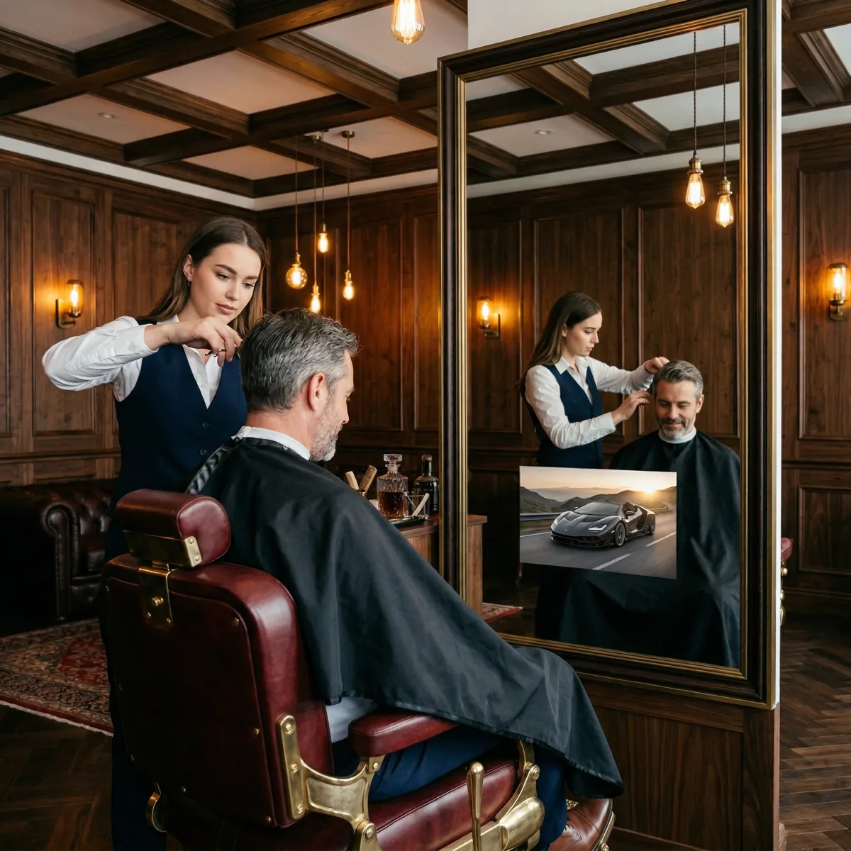 Frameless mirror display in barber shop